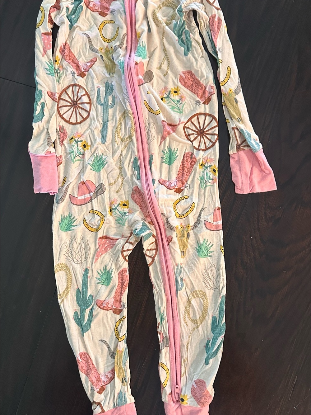 Little Sleepies Cream Western-Print One-Piece Pajamas with Pink Trim